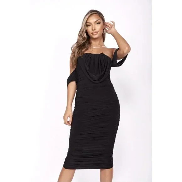 Black Off Shoulder Ruched Bodycon Midi Dress - Picture 7 of 12